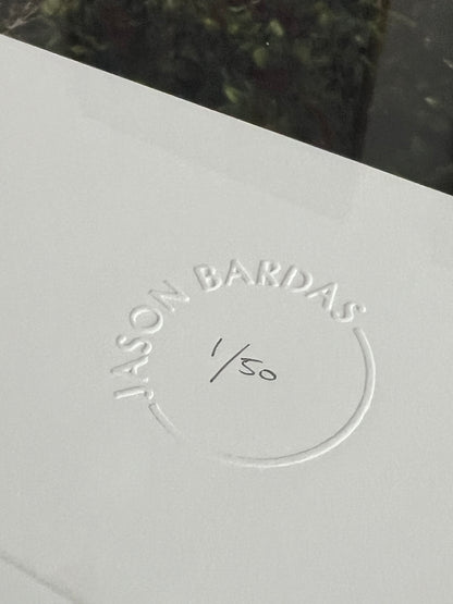 Embossed Jason Bardas artist stamp with handwritten edition number on a limited edition print